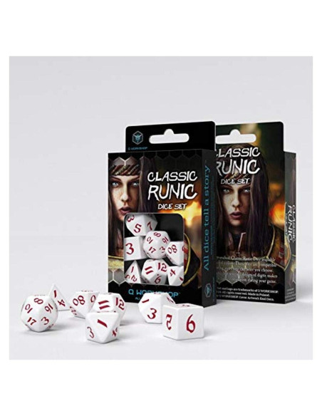 Juego de Dados Rúnicos Clásicos Q-Workshop Blanco y Rojo (7 piezas)