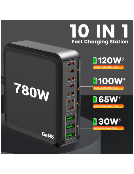 Estación de Carga Rápida 780W 10 Puertos USB C Dongguan