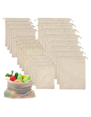 Paquete de 20 Bolsas de Malla de Algodón Reutilizables 45x35cm