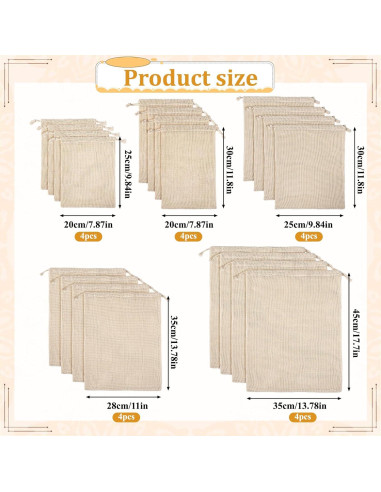 Paquete de 20 Bolsas de Malla de Algodón Reutilizables 45x35cm