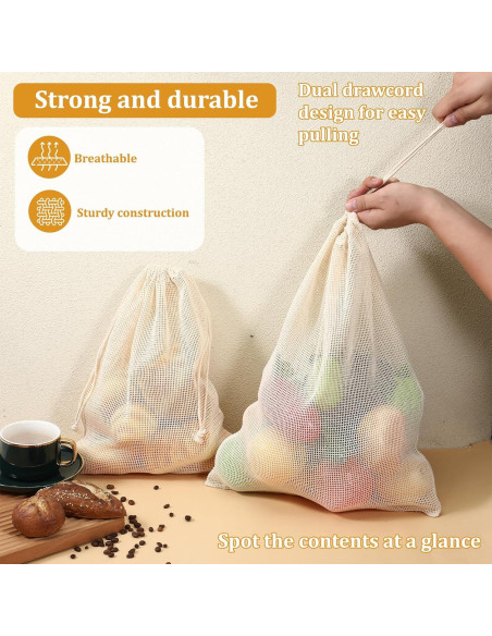 Paquete de 20 Bolsas de Malla de Algodón Reutilizables 45x35cm