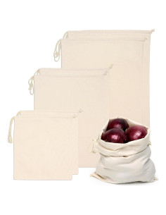 Set 6 Bolsas de Tela Reutilizables Algodón con Cierre Cordón