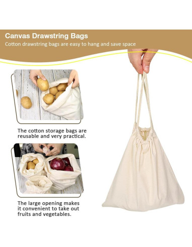 Set 6 Bolsas de Tela Reutilizables Algodón con Cierre Cordón