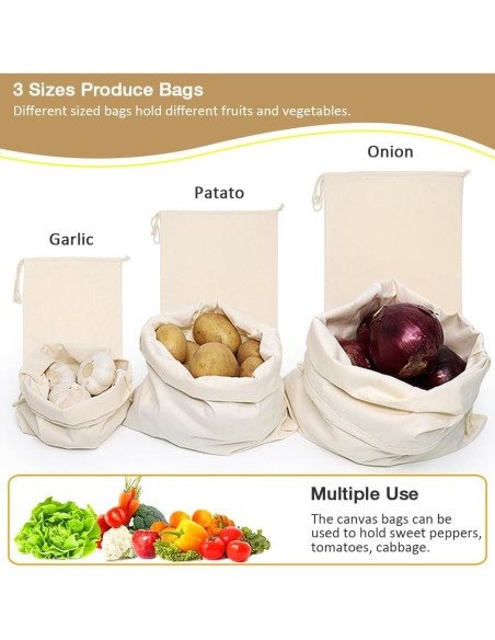 Set 6 Bolsas de Tela Reutilizables Algodón con Cierre Cordón