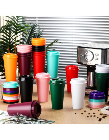 Skylety 24 Tazas de Café Reutilizables 480 ml con Tapas Multicolor