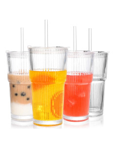 Juego de 4 Vasos de Vidrio 591 ml Amyoole con Tapas y Popotes