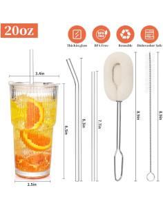 Juego de 4 Vasos de Vidrio 591 ml Amyoole con Tapas y Popotes 2