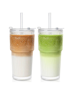 Set de 2 Vasos de Vidrio INSETLAN 20oz con Tapas y Pajitas
