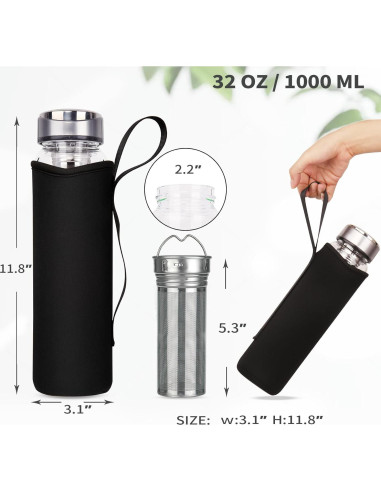 Botella de Agua de Vidrio Reeho 1L con Infusor y Funda Azul