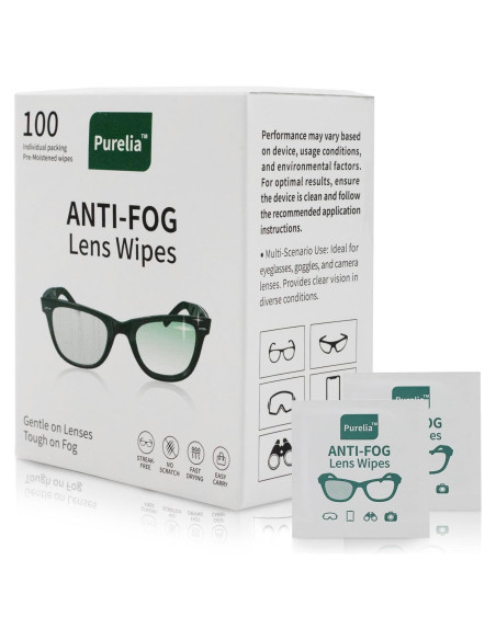 Toallitas Antivaho para Lentes Purelia - 100 Paños Prehumedecidos