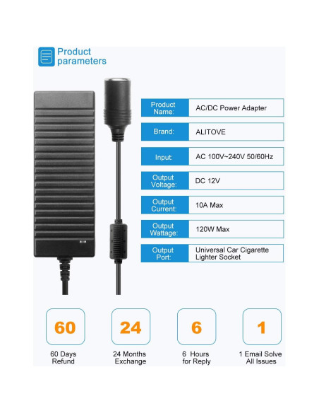 Convertidor CA a CC ALITOVE 12V 10A 120W Adaptador Coche