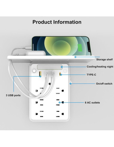 Extensor de Enchufe 9 en 1 Genérico con Estante y USB