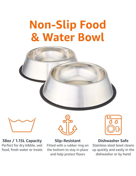 Set de 2 Tazones de Acero Inoxidable Antideslizantes Amazon Basics