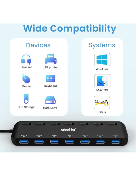 Hub USB 3.0 Atolla 7 Puertos con Interruptores y LED