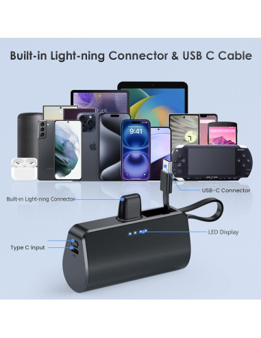 Cargador Portátil Mini 5200mAh con Cable Tipo-C y Lightning