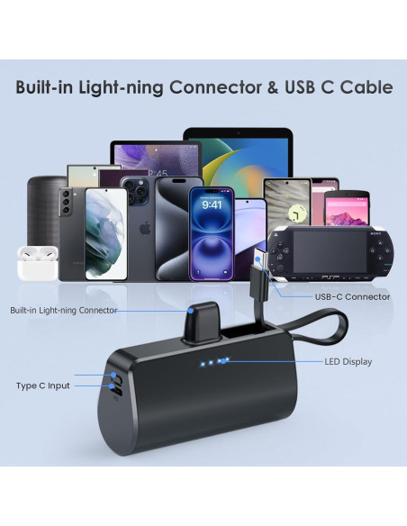 Cargador Portátil Mini 5200mAh con Cable Tipo-C y Lightning