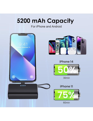 Cargador Portátil Mini 5200mAh con Cable Tipo-C y Lightning