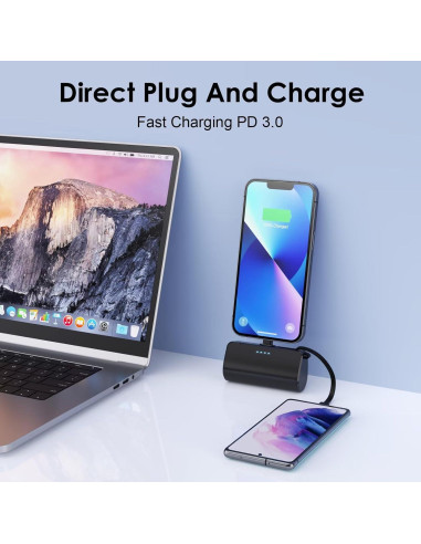 Cargador Portátil Mini 5200mAh con Cable Tipo-C y Lightning