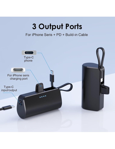 Cargador Portátil Mini 5200mAh con Cable Tipo-C y Lightning