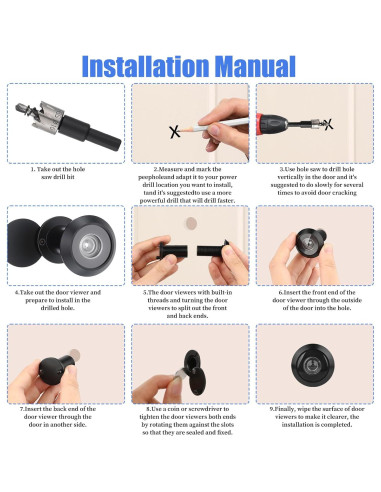 Mirilla de puerta 200 grados Eldraqth con broca 16mm negra