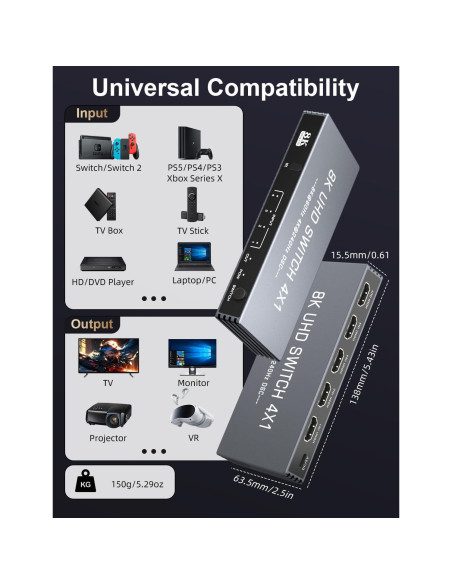 Divisor HDMI 8K 4 en 1 Rytaki - Soporta 4K 240Hz y 8K 60Hz