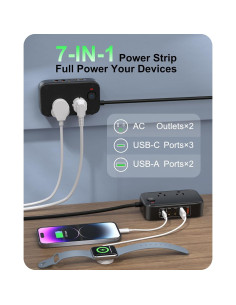 Regleta USB 7-en-1 KWRNVO 80W con 3 USB-C y 2 USB-A 2