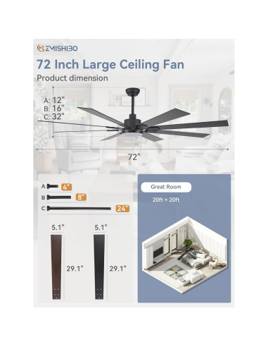 Ventilador de Techo ZMISHIBO 72" Moderno Negro y Nogal con Luz LED