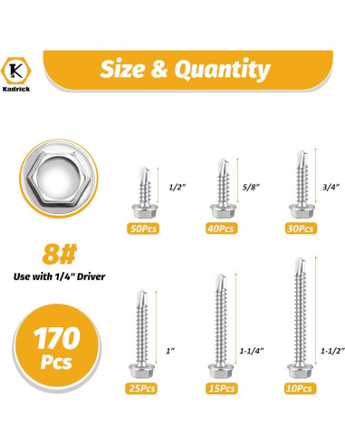 Kit de Tornillos Autoperforantes Kadrick 170 Piezas Acero Inoxidable
