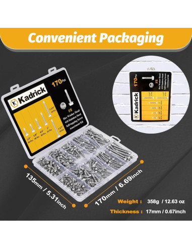 Kit de Tornillos Autoperforantes Kadrick 170 Piezas Acero Inoxidable