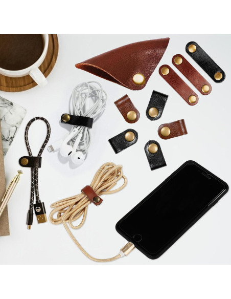 Organizador de Cuerda de Cuero Kanemc 12 Piezas - Negro y Marrón