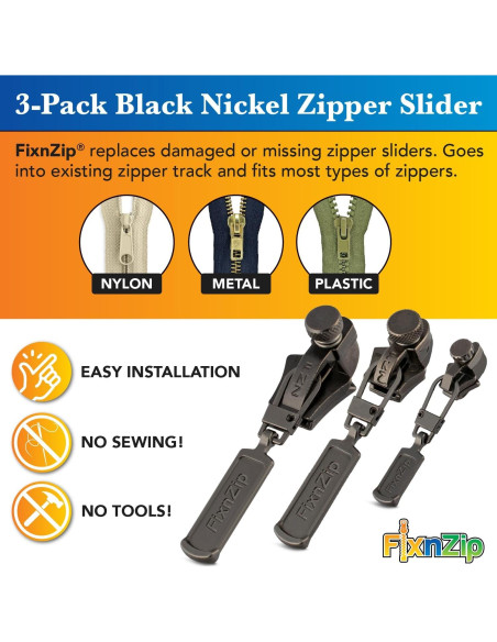Kit de Reparación de Cremalleras FixnZip Niquel Negro 3 Pzs S,M,L