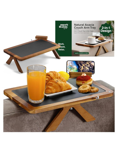 Bandeja para Reposabrazos de Sofá Acacia 2 en 1 Ajustable