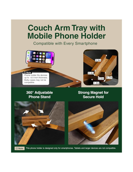 Bandeja para Reposabrazos de Sofá Acacia 2 en 1 Ajustable