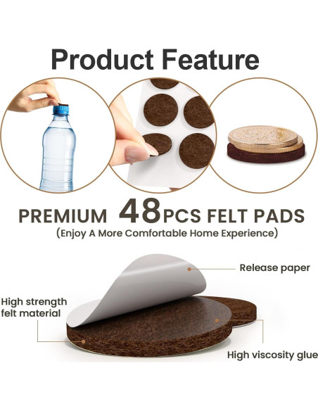 48 Almohadillas de Fieltro YOESSA para Muebles Marrón 25mm
