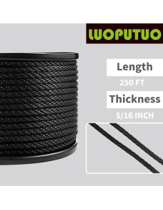Cuerda de poliéster negra LUOPUTUO 0.79 cm x 76.2 m alta resistencia 2