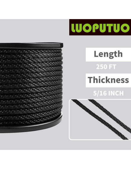 Cuerda de poliéster negra LUOPUTUO 0.79 cm x 76.2 m alta resistencia