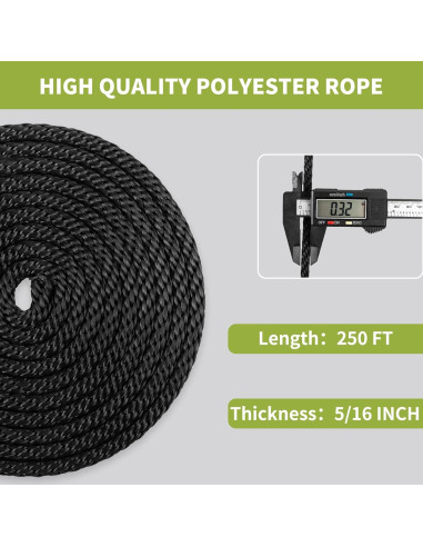 Cuerda de poliéster negra LUOPUTUO 0.79 cm x 76.2 m alta resistencia