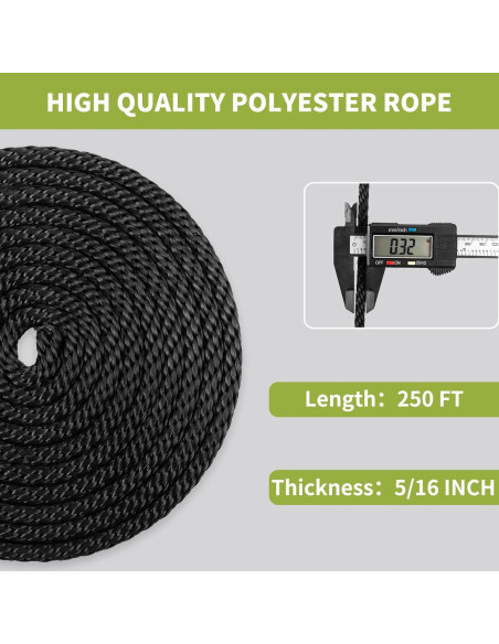 Cuerda de poliéster negra LUOPUTUO 0.79 cm x 76.2 m alta resistencia