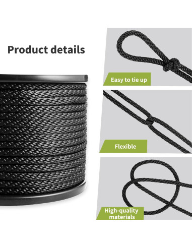 Cuerda de poliéster negra LUOPUTUO 0.79 cm x 76.2 m alta resistencia
