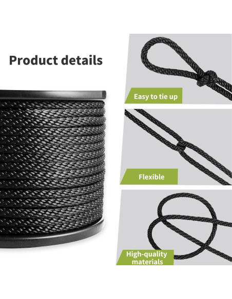 Cuerda de poliéster negra LUOPUTUO 0.79 cm x 76.2 m alta resistencia