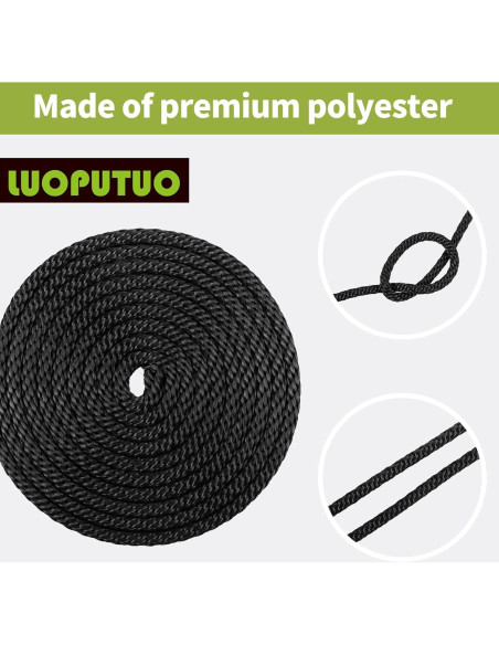 Cuerda de poliéster negra LUOPUTUO 0.79 cm x 76.2 m alta resistencia