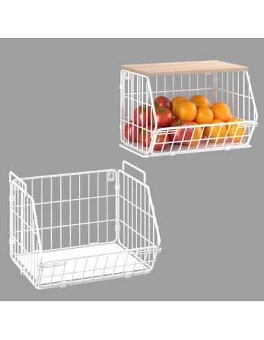 Cesta de Almacenamiento Apilable Wetheny con Tapa de Madera - 2 Niveles