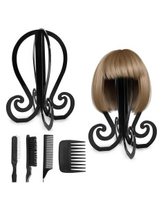 Set de 2 Soportes Plegables para Pelucas + 4 Cepillos - Negro
