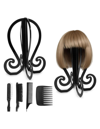 Set de 2 Soportes Plegables para Pelucas + 4 Cepillos - Negro
