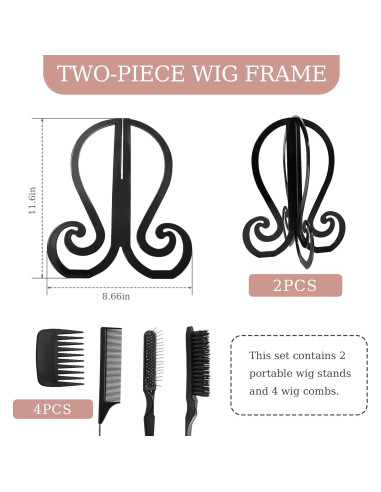 Set de 2 Soportes Plegables para Pelucas + 4 Cepillos - Negro