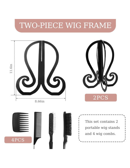 Set de 2 Soportes Plegables para Pelucas + 4 Cepillos - Negro