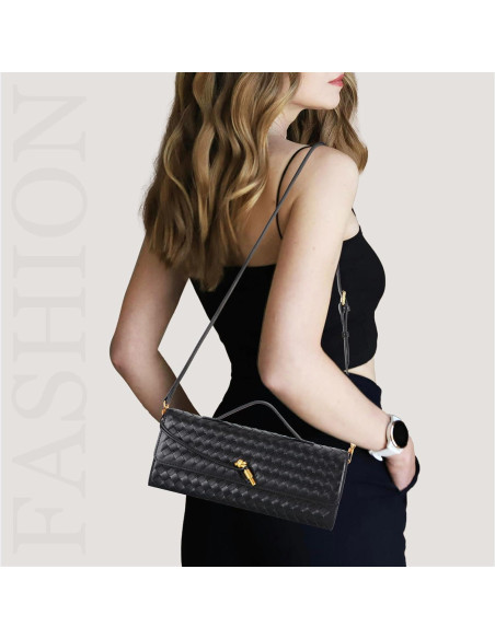 Bolso Clutch Trenzado Negro para Mujeres 30x12.4 cm