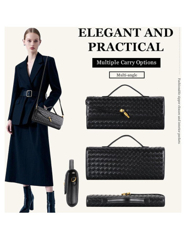 Bolso Clutch Trenzado Negro para Mujeres 30x12.4 cm