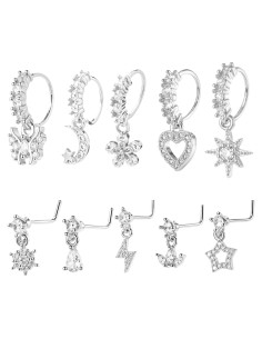Juego de 10 Aros de Nariz Colgantes 20G Plata con Encanto