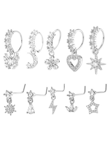 Juego de 10 Aros de Nariz Colgantes 20G Plata con Encanto